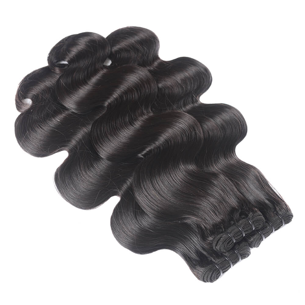 Three bundles of black hair extensions on a white background