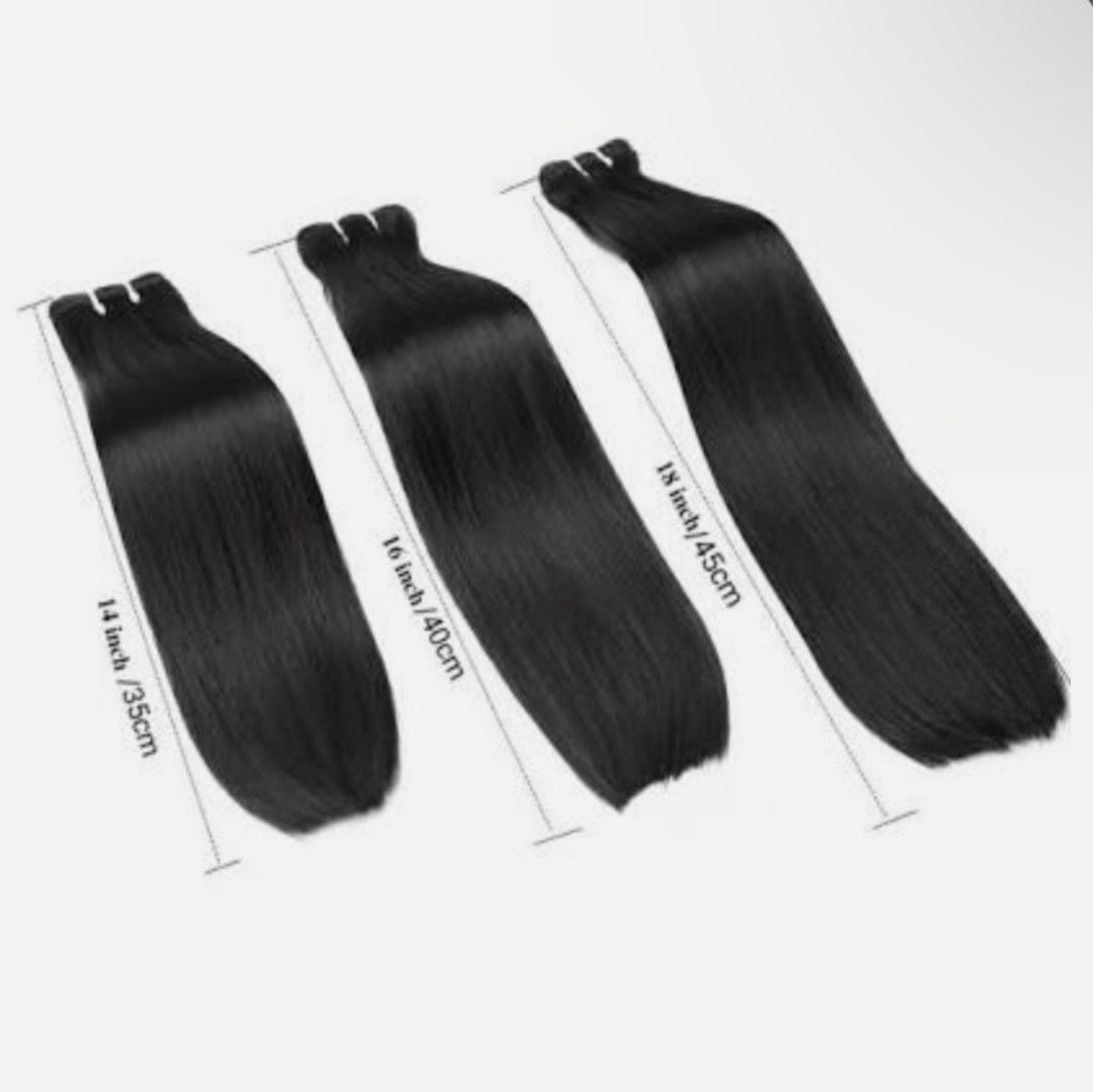 Three bundles of bone straight hair extensions with varying lengths, labeled by their respective lengths: 12 inches, 14 inches, and 16 inches.