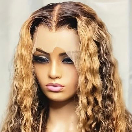 A frontal view of a wig with a voluminous hairstyle, displayed on a mannequin head that has a realistic appearance including facial features.