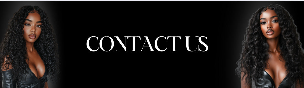 Two women with long, wavy hair on either side of 'CONTACT US' text on a black background.