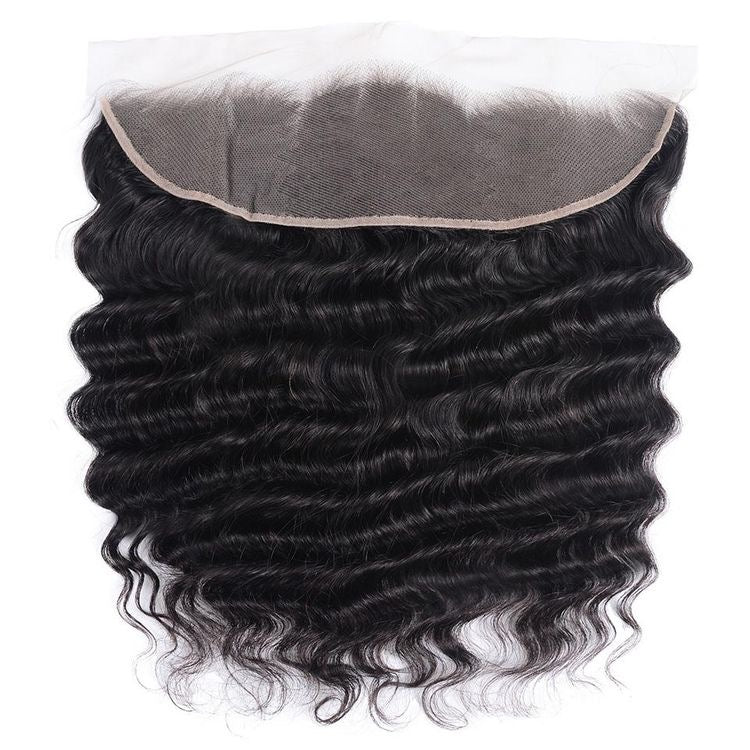 Black wavy hair extension with a lace front closure on a white background