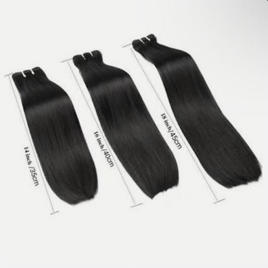 Three bundles of bone straight hair extensions with varying lengths, labeled by their respective lengths: 12 inches, 14 inches, and 16 inches.