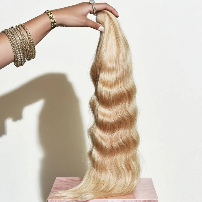 Blonde hair extensions held by a hand on a pink marble block against a white background