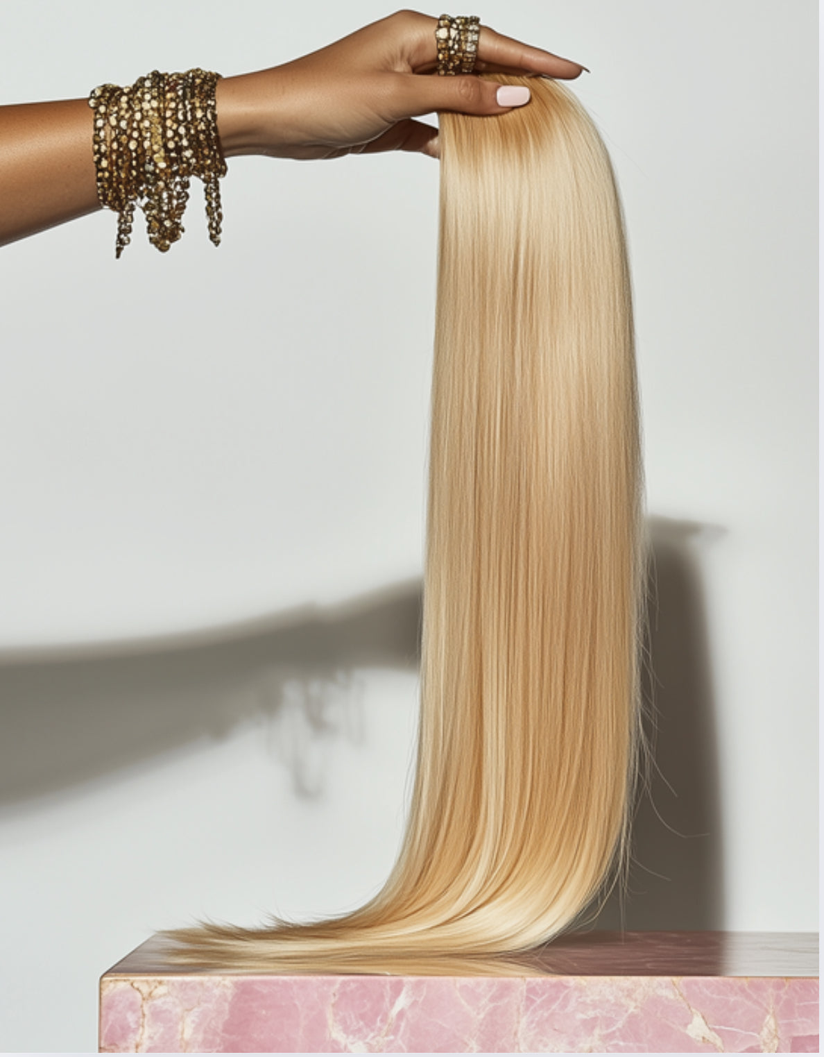 Blonde hair extension held by a hand on a light background