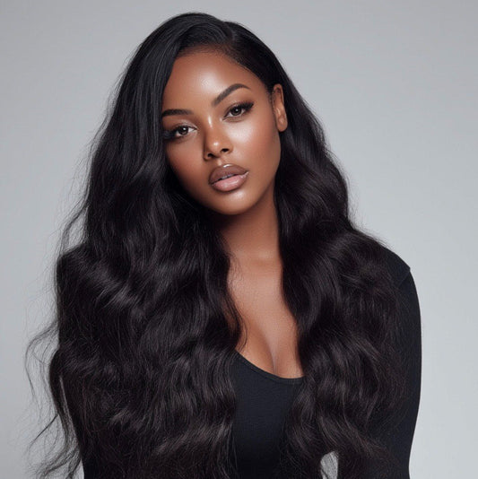 Woman with long, wavy black hair against a gray background
